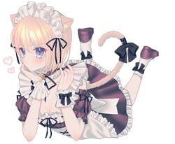 androgynous apron bell_collar blonde_hair blue_eyes blush cat_ears cat_tail catboy choker collar crossdressing femboy frilled_dress frills hunter_x_hunter kurapika looking_at_viewer maid_headdress maid_uniform male male_only short_hair solo wrist_cuffs