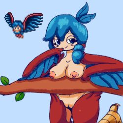 blue_background drawn_art feathers female harpy harpy_(terraria) naked onyawcrystal pixel_art red_hair sprite terraria