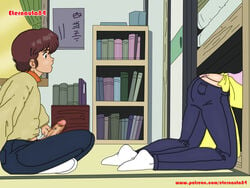 1980s_(style) 1boy 1girls 2018 ass ass_cleavage blue_hair bookshelf brown_hair butt_crack denim eternauta84 female human indoors jeans kyoko_otonashi long_hair maison_ikkoku male masturbation mosaic_censoring pants penis pink_panties retro_artstyle screencap screenshot_edit yusaku_godai