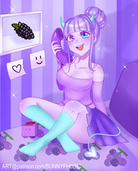 1girls bunnyph0bic grapes horn horns phone purple_hair purple_skin roblox roblox_avatar skirt tagme tail