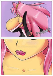 1girls alternate_breast_size amy_rose ass ass_expansion breast_expansion breasts cleavage clothing comic dialogue female female_only gigajule5 huge_ass huge_breasts humanized long_hair pink_eyes pink_hair sega solo sonic_(series) speech_bubble thick_thighs wide_hips