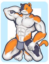 1boy 2021 5_fingers :3 abs anthro big_muscles bulge calico_cat clothed clothing crouching domestic_cat epic_games felid feline felis fingers fortnite hands_behind_head male male_only mammal meowscles_(fortnite) mottled muscular muscular_anthro muscular_male navel nipples notedwolf pecs piebald simple_background smile solo tattoo topless uwu video_games