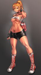 1girls 2019 abs absurdres athletic bandaid bandaid_on_face black_gloves blonde_hair boots boxing_gloves breasts cleavage clyde_s female female_focus female_only fingerless_gloves gloves grey_background highres large_breasts long_hair looking_at_viewer muscular muscular_female original original_character ponytail pubic_tattoo red_eyes red_legwear simple_background solo solo_female sweat tan tattoo