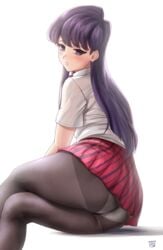 1girls ass big_ass big_butt black_hair blush eye_contact female finalcake komi-san_wa_komyushou_desu komi_shouko long_hair looking_at_viewer panties_visible_through_clothing pantyhose solo thick_thighs white_background