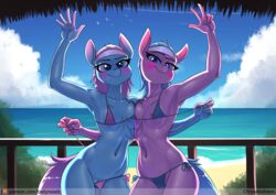 aloe_(mlp) anthro areola areola_slip assisted_exposure beach bikini bikini_pull blue_bikini blue_body blue_clothing blue_eyes blue_fur blue_hair blue_swimwear blush breast_squish breasts breasts_frottage chrysalisdraws clothing clothing_pull cloud duo earth_pony equid equine eyebrows eyelashes female friendship_is_magic fur genitals glistening glistening_body hair hasbro horse long_hair looking_at_viewer lotus_blossom mammal my_little_pony navel nipples pink_body pink_fur pink_hair pony purple_bikini purple_clothing purple_swimwear pussy seaside sibling side-tie_bikini sister sisters small_breasts smile smiling_at_viewer squish swimwear swimwear_pull translucent twins wet