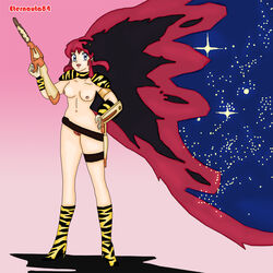 1girls 2018 belly black_hair blue_eyes boots breasts eternauta84 female green_hair gun heels holster horns humanoid large_breasts light-skinned_female light_skin long_hair lum nipples oni oni_female oni_girl pointy_ears princess red_hair smile solo standing tiger_print urusei_yatsura very_long_hair weapon