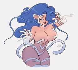 acrylictoon blue_hair breasts capcom cat_ears cat_tail darkstalkers felicia_(darkstalkers) female hair_over_one_eye huge_breasts large_breasts looking_at_viewer wide_hips