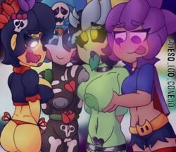 4girls ass bibi_(brawl_stars) big_boobs black_and_white_hair black_hair blue_eyes blue_hair bodypaint boobs brawl-o-ween_rosa_(brawl_stars) brawl_stars breasts brown_skin calavera_piper_(brawl_stars) collar desq_loq_conejo drooling face_paint flower flower_in_hair green_skin halloween halloween_costume happy lesbian lesbians multiple_girls nipples panties piper_(brawl_stars) purple_eyes purple_hair red_panties rosa_(brawl_stars) roses shelly_(brawl_stars) skeleton skull_hair_ornament smile smiling stockings tongue tongue_out witch_shelly yellow_eyes yellow_skin yuri zombibi_(brawl_stars) zombie zombie_girl