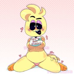 1girls bib five_nights_at_freddy's five_nights_at_freddy's_2 fnaf heart loonybnuuy pink_background pink_panties teeth toy_chica_(fnaf) yellow_skin