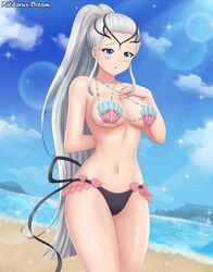 1girls alternate_costume bad_censor beach blue_hair breasts censored cleavage corrin_(female)_(fire_emblem)_(cosplay) cosplay covered_nipples covering eir_(fire_emblem) fire_emblem fire_emblem_heroes grey_hair long_hair medium_breasts nintendo ocean open_mouth patdarux ponytail sand shell_bikini side_view solo swimsuit very_long_hair
