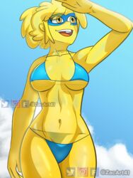 beach bikini bikini_top cartoon_network female_only g-lo_(villainous) heroine medium_breasts only_female open_mouth smile transparent_body villainous yellow_eyes yellow_skin zacart41