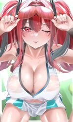 1girls 2021 ;p adjusting_eyewear azur_lane ball bangs bare_shoulders blush breasts bremerton_(azur_lane) bremerton_(scorching-hot_training)_(azur_lane) cleavage collarbone covered_nipples cowboy_shot crop_top crop_top_overhang eyebrows_visible_through_hair eyewear_on_head female female female_focus female_only fingernails from_above green_skirt grey_hair hair_between_eyes hair_intakes hair_ornament highres keishi_surota large_breasts long_fingernails long_hair looking_at_viewer midriff mole mole_under_eye multicolored_hair navel official_alternate_costume one_eye_closed pink_eyes pink_hair pink_nails red-tinted_eyewear shadow shirt sidelocks sitting skirt sleeveless sleeveless_shirt smile solo solo_female sportswear streaked_hair sunglasses sweat tennis_ball tennis_court tennis_uniform tinted_eyewear tongue tongue_out twintails two-tone_hair two-tone_shirt two-tone_skirt wariza wet wet_clothes wet_shirt white_shirt white_skirt wristband