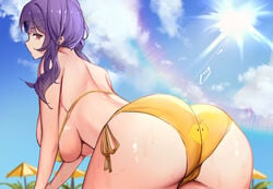 1girls 2021 animal_print ass aviator_sunglasses azur_lane bikini breasts cloud eyewear_on_head female female female_focus female_only huge_breasts leaning_forward long_hair manjuu_(azur_lane) official_alternate_costume pola_(azur_lane) pola_(seaside_coincidence)_(azur_lane) purple_hair red_eyes sideboob solo solo_female string_bikini sun sunglasses sweatdrop swimsuit twintails yamiiv yellow_bikini