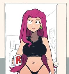 1girls alternate_hairstyle belly_button big_breasts black_eyes breasts casual_clothes coffee_mug earrings female female_only fully_clothed hair_down immisterplow jessie_(pokemon) light-skinned_female long_hair mrplow34 navel pink_hair pokemon solo solo_female sports_bra surprised tagme team_rocket very_long_hair