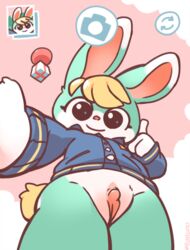 animal_crossing anthro balloon big_ears big_eyes blonde_hair bottomless camera_view clitoris clothed clothing cloud cloudscape cuntboy cute cute_expression cute_face fur genitals gift gift_box gift_wrapped green_body green_fur hair inflatable intersex lagomorph leporid male mammal nintendo polyalloys pussy rabbit rule_63 sasha_(animal_crossing) selfie sky smile solo topwear video_games white_body white_fur