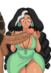 1boy 1girls balls big_breasts big_penis blush bottomless breasts caveman cavewoman cock_shock cyberboi dark-skinned_female dress earrings erection female hope_betterman kneeling light-skinned_male light_skin long_hair partial_male penis penis_awe pubic_hair testicles the_croods two_tone_hair uncensored veiny_penis very_long_hair white_background white_streak wide_hips