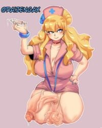 1futa balls bangs big_balls big_breasts blonde_hair blue_eyes bottomless breasts cleavage clothed clothing cosplay full-package_futanari futa_only futanari galko hat huge_penis human light-skinned_futanari light_skin long_hair nurse oshiete!_galko-chan pale_skin partially_clothed penis pink_clothing raizengax riderx solo standing syringe thick_thighs veiny_balls wide_hips