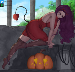 1girls big_breasts breasts clothed costume_switch darksiders darksiders_3 demon_tail detailed_background dress female female_only fury_(darksiders) halloween halloween_costume hips jack-o'-lantern large_breasts leggings legwear long_hair nephilim papierroboter posing red_dress red_hair sideboob tagme thick_thighs thighhighs tight_clothing wide_hips