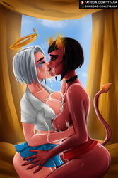 2girls ark_(fortnite) black_collar black_hair blue_eyes boobs breasts breasts_out breasts_to_breasts collar cum cum_on_body cum_on_breasts cum_on_face devil devil_tail female female_only fortnite fortnite:_battle_royale green_eyes halo holding_hips kissing lesbian looking_at_partner malice_(fortnite) multiple_girls nose_piercing pale-skinned_female pale_skin perky_breasts red_skin short_hair silver_hair skirt thick_thighs thighs tits topwear tyrana yuri