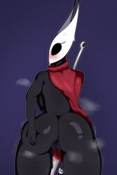 1girls anthro anus anus_peek ass ass_grab big_ass black_skin cloak color digital_media_(artwork) female grabbing_own_ass hand_on_ass hi_res hollow_knight hornet_(hollow_knight) insects looking_at_viewer looking_back mrjayppai protagonist_(hollow_knight) pussy pussy_juice pussy_juice_drip red_cloak spread_ass standing sweat sweatdrop sweating team_cherry thick_ass thick_thighs video_games watermark