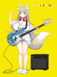 1girls amplifier amplifier_(instrument) animal_ear_fluff animal_ears bangs bass_guitar blush bottomless breasts cleavage clothes_writing color_palette convenient_censoring facing_viewer fox_ears fox_tail full_body green_eyes headphones headphones_around_neck highres huge_breasts instrument light-skinned_female light_skin lollipop_in_mouth long_hair looking_at_viewer miyano_ururu multi_ear naked_shirt no_bra no_panties no_socks off-shoulder_shirt off_shoulder original plectrum shirt simple_background slippers solo t-shirt t-shirt_only tail white_shirt yellow_background