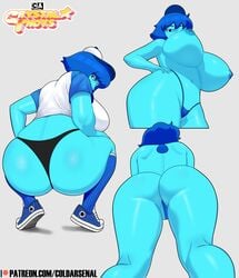 1girls areolae ass ass_focus baseball_cap big_ass black_thong blue_female blue_hair blue_skin cartoon_network coldarsenal crystal_gem crystal_thots female female_focus female_only gem gem_(species) huge_ass huge_breasts humanoid lapis_lazuli_(bob) lapis_lazuli_(gem) lapis_lazuli_(steven_universe) looking_at_viewer looking_back looking_down mostly_nude nipples short_hair sideboob simple_background solo solo_female solo_focus squatting steven_universe thick_thighs thong topless topless_female wide_hips