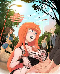 black_choker black_clothing black_lipstick choker clothing english_text erect_nipples erection exhibitionism fishnet_shirt goth goth_girl large_breasts nipples orange_hair outdoors outercourse paizuri paizuri_under_clothes penis public public_sex red_hair samasan