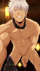 1boy abs after_sex cum cum_string erection foreskin foreskin_folds green_eyes holding_penis human imminent_sex intact jujutsu_kaisen kuroshinki looking_at_viewer looking_down looking_down_at_viewer low-angle_view male male_nipples male_only muscles muscular muscular_male nude_male pecs penis pov_eye_contact precum precum_drip retracted_foreskin satoru_gojo smile smiling smiling_at_viewer smooth_skinned_male solo taker_pov trimmed_pubic_hair uncut veiny_penis white_hair