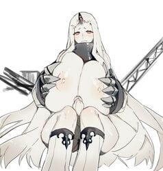 1futa breast_squeeze breasts breasts_out collar erection futa_only futanari gauntlets grey_hair grey_skin huge_balls huge_breasts huge_cock humanoid humanoid_penis kantai_collection long_hair looking_at_viewer mokotoko9 nipples nude pale_skin penis red_eyes seaport_hime sitting sketch solo top_heavy white_hair