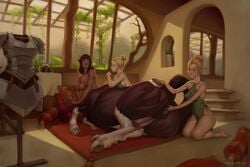 3girls anus armor blonde_hair blue_eyes breasts butt centaur centauress crotchboobs dark-skinned_female dark_skin elf elf_ears equine female_only fingering furry hair_bun hair_pulled_back halterneck hooves horse_ears huge_butt lying marmalademum medium_hair monster_girl nipple_bulge nipples pointy_ears puffy_anus pussy sideboob taur udders vaginal_penetration wide_hips yuri