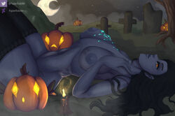 1girls areolae bare_arms bare_breasts bare_midriff bare_shoulders big_breasts black_hair breasts candle cresent_moon darksiders darksiders_2 death_(darksiders) detailed_background erection_under_clothes glowing_eyes graveyard grey_body grey_skin halloween jack-o'-lantern large_areolae large_breasts laying_down laying_on_back laying_on_ground leggings legwear lit_candle midriff moon nephilim nipples orange_eyes pale-skinned_female pale_skin papierroboter pumpkin rule_63 tagme thighhighs tombstone topless