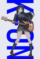 1girls bangs bass_guitar black_eyes black_hair black_legwear blazer blue_neckwear blunt_bangs brown_footwear buttons collared_shirt copyright_name female grey_skirt guitar highres hime_cut instrument jacket k-on! kneehighs left-handed loafers long_hair long_sleeves mio_akiyama_(k-on!) neck_ribbon pleated_skirt ribbon sakuragaoka_high_school_uniform school_uniform shirt shoes sidelocks skirt solo vertigris white_background white_shirt