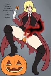 1girls 2021 alucard_(cosplay) amputee anal_plug ascot blonde_hair blonde_pubic_hair boots buttplug clitoris condom dated dripping dripping_pussy fangs female grool halloween halloween_costume happy_female hellsing horny_female leg_up patreon pumpkin pussy red_eyes seras_victoria spread_legs spread_pussy tongue tongue_out trenchcoat vagina vulva xxxx52