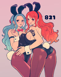 2girls ass big_breasts blue_eyes blue_hair blush bowtie breasts brown_eyes bunny_ears bunnysuit curvy female female_only latex long_hair looking_at_viewer looking_back nail_polish nami nefertari_vivi one_piece orange_hair pantyhose post-timeskip tattoo tongue_out voluptuous yohkn3