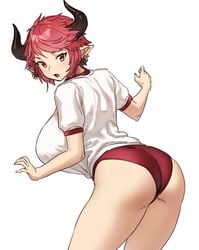 1girls ass big_ass breasts earrings female female_only granblue_fantasy horns houtengeki large_breasts looking_at_viewer looking_back open_mouth orange_eyes pink_hair pointy_ears solo sturm_(granblue_fantasy)