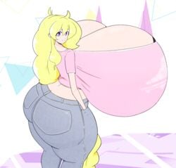 ass_cleavage butt_crack cassie_(theycallhimcake) dullahan female huge_ass huge_breasts hyper hyper_breasts jeans looking_at_viewer purple_eyes riley_moore_(artist) taller_girl thick_thighs tight_clothing tight_fit yellow_hair