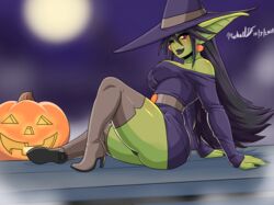 black_nails breasts chibette earrings female female_focus female_only gigi_(ninja-8004) goblin goblin_female green_skin high_heel_boots high_heels jack-o'-lantern long_ears looking_at_viewer moon night ninja-8004 original_character seductive seductive_pose smile smiling_at_viewer solo solo_female thick_thighs thighs voluptuous witch witch_goblin witch_hat