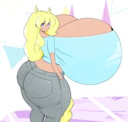 ass_cleavage butt_crack cassie_(theycallhimcake) denim denim_clothing denim_jeans dullahan female huge_ass huge_breasts hyper hyper_breasts jeans looking_at_viewer purple_eyes riley_moore_(artist) taller_girl tan_skin thick_thighs tight_clothing tight_fit yellow_hair