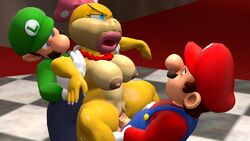 1girls 2boys 3d anthro areolae auta big_ass big_breasts blue_eyes breasts brown_nipples curvy female grabbing_from_behind hands_on_thighs koopaling luigi lust male_human male_human/female_anthro mario mario_(series) nintendo nipples open_mouth pink_mouth pink_ribbon rape ribbon_in_hair sex super_mario_bros. thick_thighs vaginal_penetration wendy_o._koopa