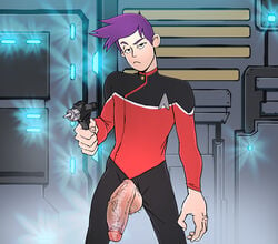 1boy anma big_balls big_penis bradward_boimler clothing front_view glans human looking_at_viewer male male_only pale_skin penis penis_out phaser purple_hair red_shirt solo spaceship spaceship_interior star_trek star_trek_lower_decks starfleet_insignia starfleet_rank_pip starfleet_uniform veiny_penis