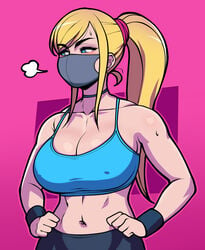 1girls bimbo blonde_hair blue_eyes breasts choker cleavage face_mask female female_only female_protagonist fit fit_female gym_clothes jam-orbital large_breasts looking_away mask metroid muscular_female navel nintendo nipples_visible_through_clothing ponytail samus_aran solo sports_bra sweat tank_top tied_hair toned toned_female visible_breath