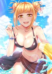 bangs bare_shoulders beach bikini black_bikini black_sarong blonde_hair blush bracelet chromatic_aberration cleavage double_bun fangs gu_li himiko_toga large_breasts looking_at_viewer my_hero_academia navel o-ring open_mouth shounen_jump smile strap_pull water wet_skin yellow_eyes