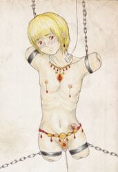 amputee catheter chains display flaccid_penis hunter_x_hunter iv_line kurapika kurta male_only male_urethral_insertion nipple_piercing quadruple_amputee red_earrings red_eyes scar solo_male stump suspended suspended_in_midair suspension urethral_insertion