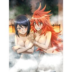 2girls amou_kanade artist_request black_hair blush breasts brown_eyes covering covering_breasts grin large_breasts long_hair looking_at_another multiple_girls navel nude official_art onsen orange_eyes red_hair senki_zesshou_symphogear shiny shiny_hair short_hair smile steam tomosato_aoi yuri