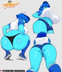 1girls ass ass_focus baseball_cap big_areola big_ass big_nipples black_thong blue_female blue_hair blue_skin bubble_butt cartoon_network coldarsenal crystal_gem crystal_thots erect_nipples erect_nipples_under_clothes female female_focus female_only gem_(species) huge_ass huge_breasts humanoid lapis_lazuli_(bob) lapis_lazuli_(gem) lapis_lazuli_(steven_universe) looking_at_viewer looking_back looking_down nipple_bulge no_bra short_hair short_shorts shorts sideboob simple_background solo solo_female solo_focus squatting steven_universe thick_thighs thong wide_hips