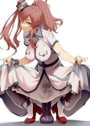 belt breast_pocket breasts brown_hair dildo dress female full_body fully_clothed grey_eyes high_heels impossible_clothes kantai_collection large_breasts long_hair looking_at_viewer masturbation pocket ponytail pussy pussy_juice saratoga_(kantai_collection) see-through sex_toy short_sleeves side_ponytail sidelocks simple_background skirt_hold smile smirk smokestack_hair_ornament solo squatting takemura_sessyu tiptoes vaginal_penetration white_background white_dress