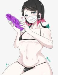 alternate_costume androgynous bikini black_bikini black_hair bob_cut bulge demon_slayer dildo enmu femboy half-closed_eyes holding_object kimetsu_no_yaiba looking_at_viewer male male_only micro_bikini mouth_mask multicolored_hair nail_polish nikuzirupai nipple_bulge pale-skinned_male pale_skin sex_toy short_hair_with_long_locks solo sweat swimsuit visible_breath wide_hips