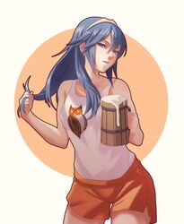 1girls absurdres alcohol alternate_costume beer beer_mug bird blue_eyes blue_hair breasts clothed collarbone cup drink fire_emblem fire_emblem_awakening highres hooters hooters_uniform long_hair looking_at_viewer lucina_(fire_emblem) mug nintendo open_mouth owl playing_with_hair playing_with_own_hair pomelomelon shorts small_breasts solo tank_top tiara