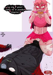 1boy 1girls 2d black_hat blood cartoon_network clothing cowgirl_position crazy_eyes crazy_smile crismoster demon female imminent_sex male/female medium_hair miniskirt miss_heed_(villainous) pink_body pink_hair pink_skirt pleated_skirt rape sex sitting_on_person skirt spanish_text superheroine tagme tagme_(artist) tears text torn_clothes torn_legwear torn_skirt vaginal villain villainous white_legwear white_panties