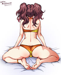 1girls ass back back_view bare_back bare_legs barefoot big_ass bikini brown_hair kujikawa_rise medium_hair minacream orange_bikini orange_swimsuit persona persona_4 solo swimsuit twintails wariza